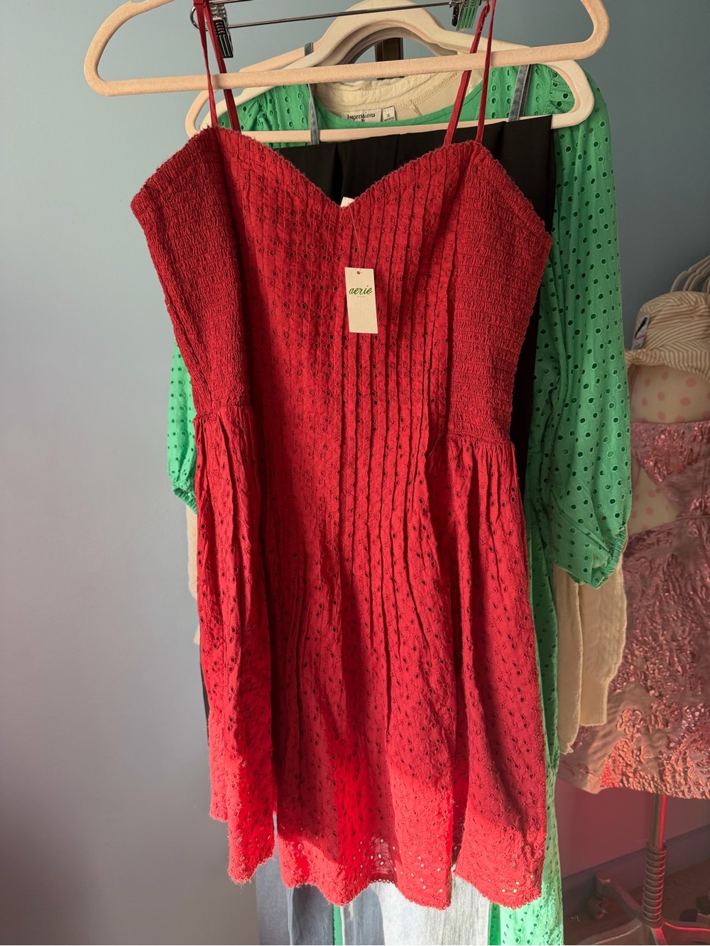 Aerie  red rasberry Eyelet Spaghetti-Strap Sundress nwt large